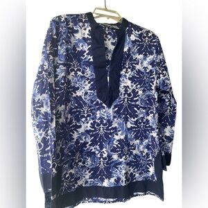 Chico’s Size Large Blue and White Floral V-Neck Long Sleeve Tunic BOHO